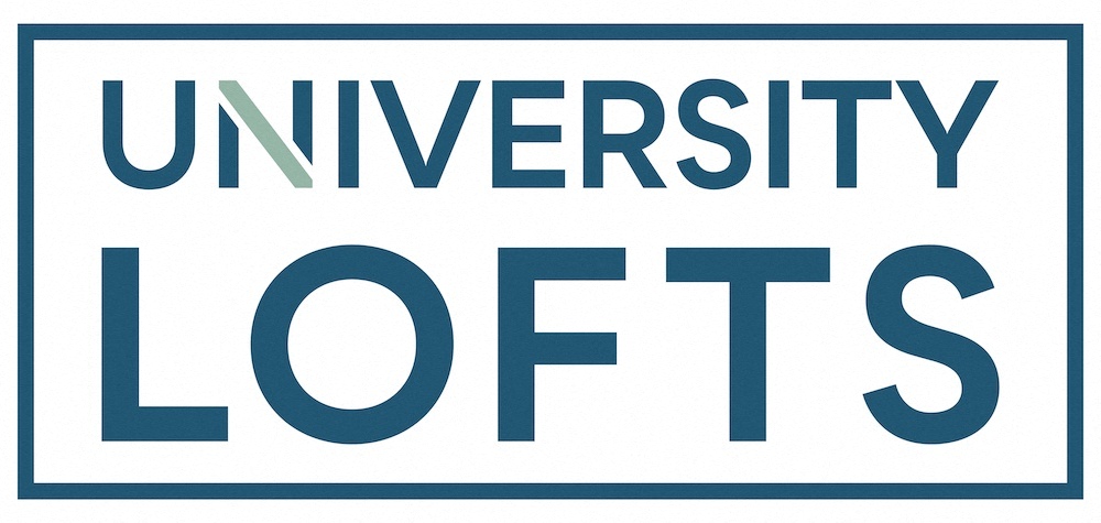 A blue and white sign that says University Lofts.
